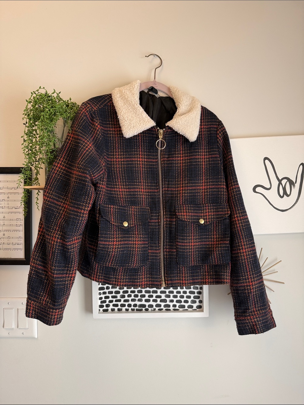 Forever 21 Black & Rust Plaid Teddy Collar Zip Jacket